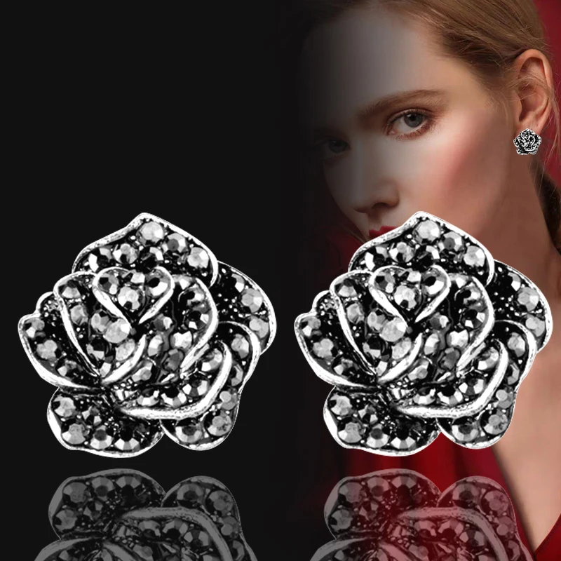 

SINLEERY Cubic Zirconia Rose Flower Earrings For Women Antique Silver Color Blue Zircon Earrings Vintage Jewelry ZD1 SSO