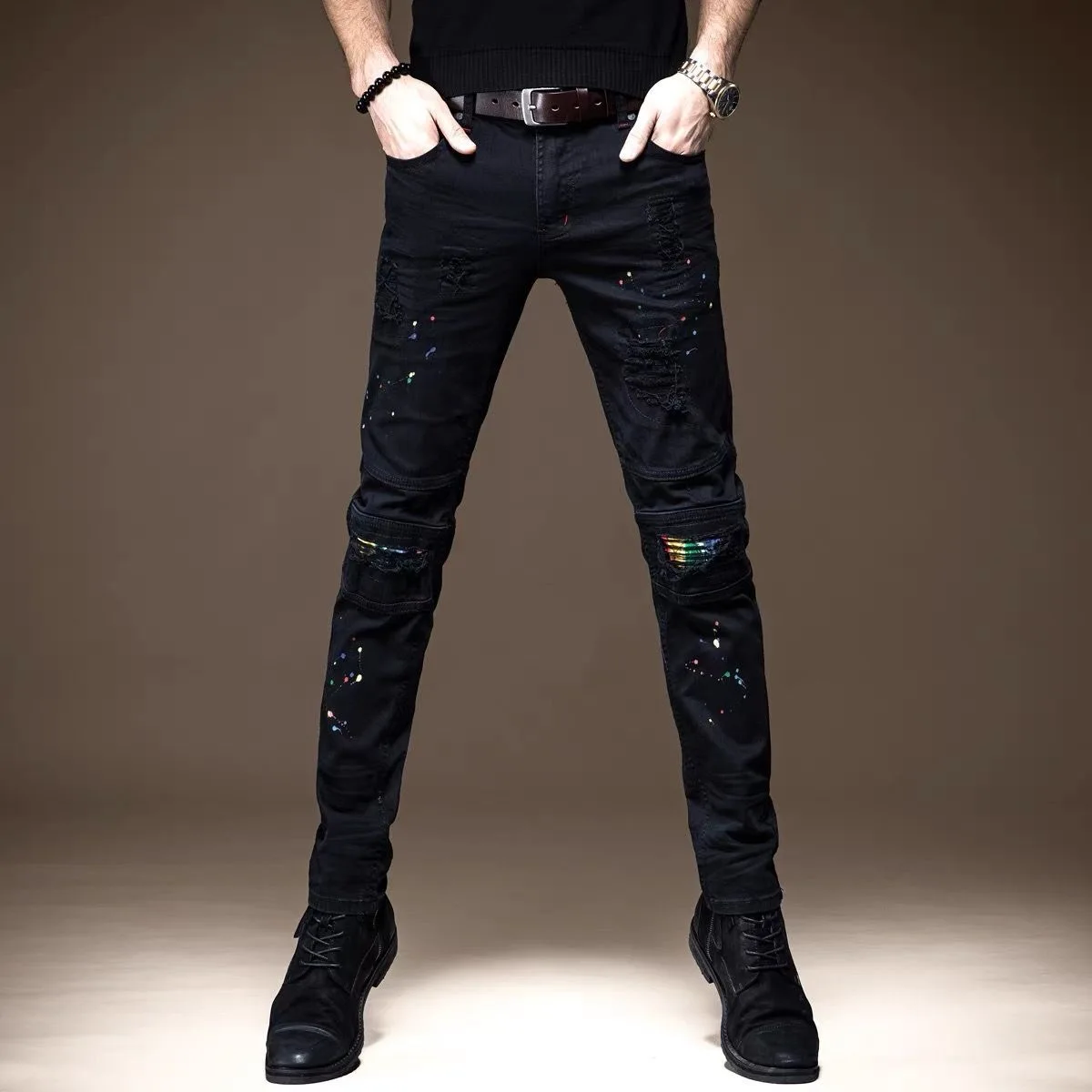 

Новинка весна-осень 2023, классические модные черные эластичные брюки с дырками, мужские повседневные облегающие удобные высококачественные джинсы