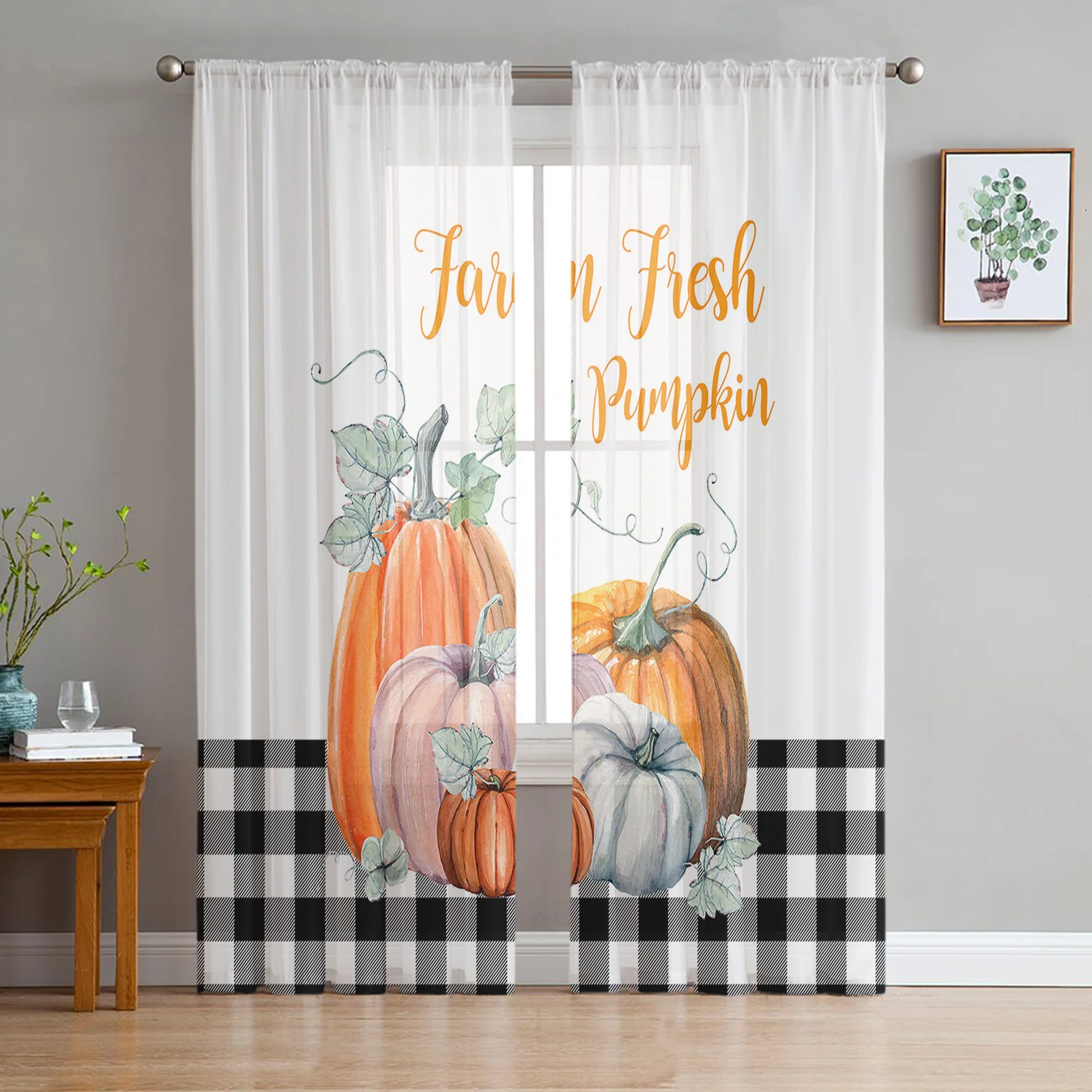 

Thanksgiving Pumpkin Black White Plaid Sheer Curtains for Living Room Luxury Bedroom Chiffon Window Curtain Hotel Tulle Drapes
