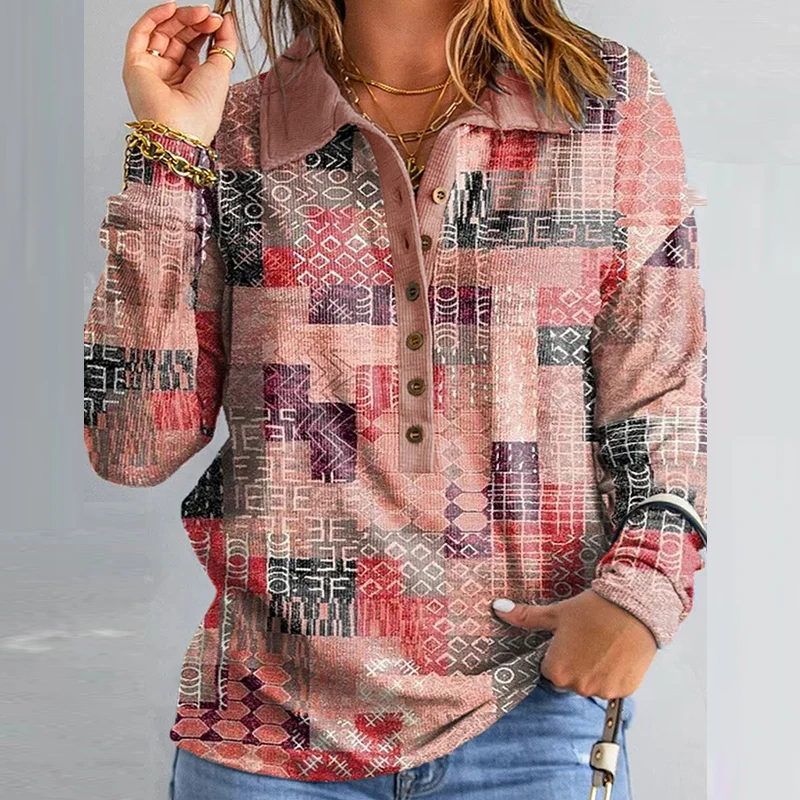 

Harajuku Retro Geometric Print Blouses Women Button-up Turn-down Collar Shirt New Spring Autumn Long Sleeve Office Tops Pullover