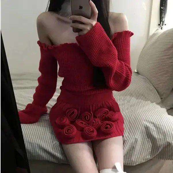 Рождественский вязаный комплект из двух предметов Y2k сексуальный женский