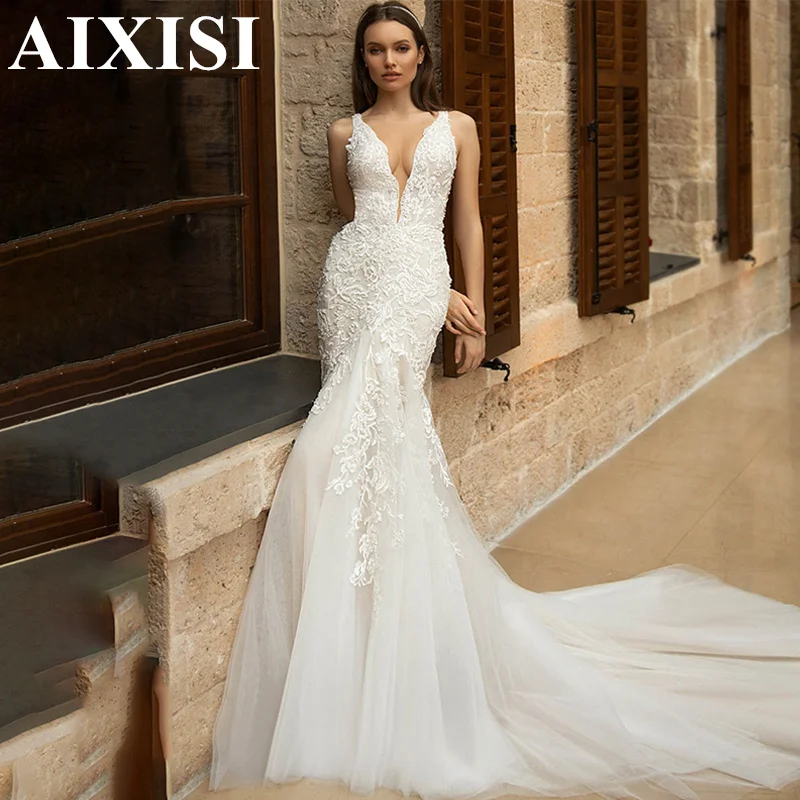 

AIXISI Deep V-Neck Wedding Dress Mermaid Sleeveless Appliques Lace Court Train Bride Backless Robe De Mariee Vestidos De Novia