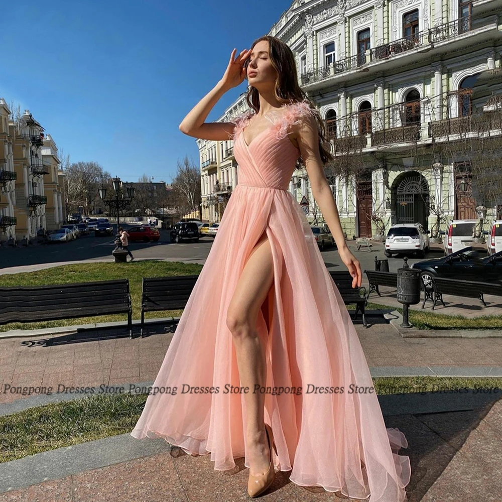

Pink A Line Evening Dresses Feather Sleeveless High Slit Open Back Party Glitter Floor Length Women Dress Vestidos De Fies