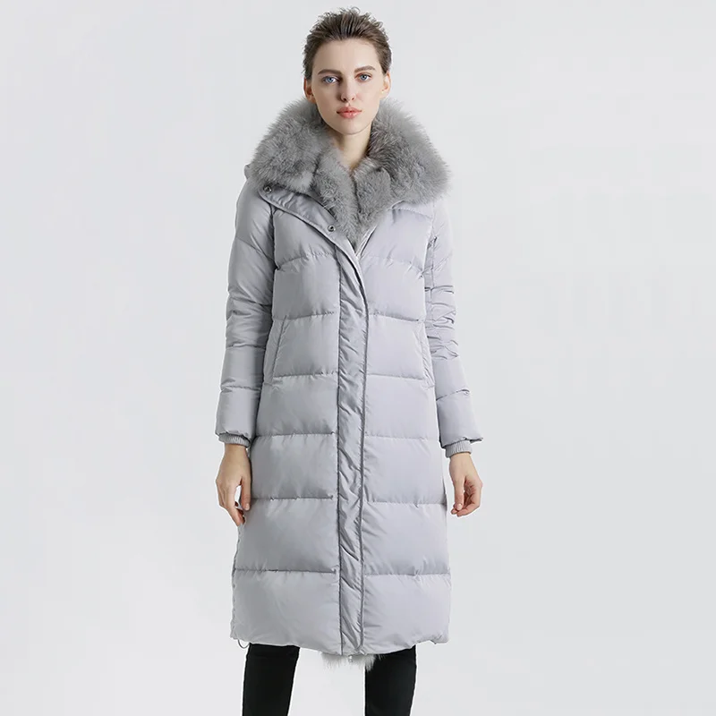 

Luxury 100% Natural Fur Collar Hooded Parka Warm Real Fox Clothing Placket Down Coat Female Long European Style WHF105