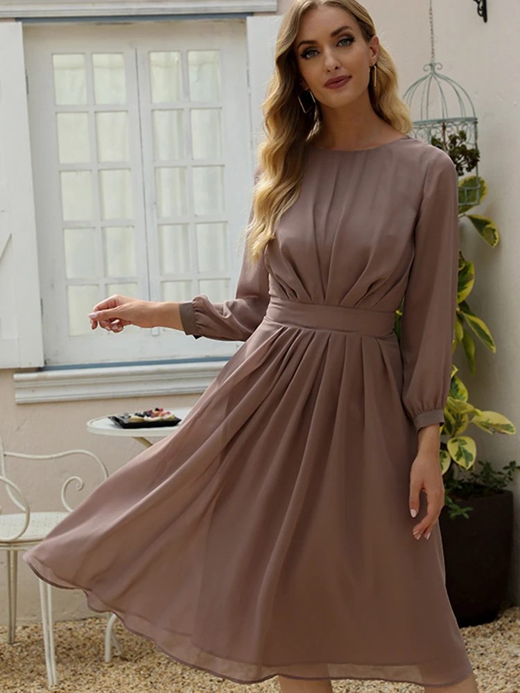 

2022 Summer New Fashion Elegant Women's Dress Solid Color Pleated Thin Medium Length Office Lady Summer Dress Dress Women