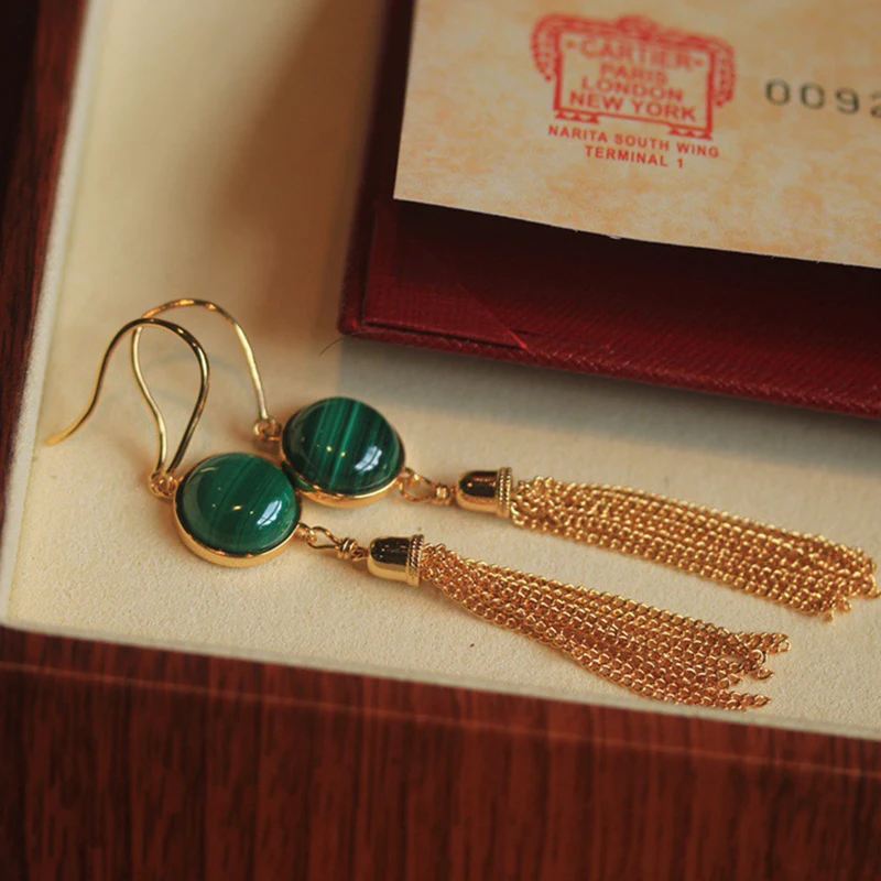 Элегантные серьги из натурального малахита серебро 925 пробы желтое золото