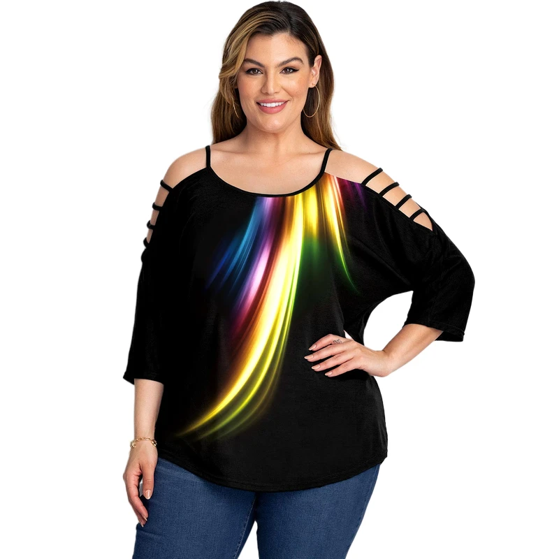 Fashion Plus Size Womens Cut Out Knitted Tees Gradient Printed T-shirts Autumn Sexy Long Sleeve Oversized Loose Hollow Tunic Top