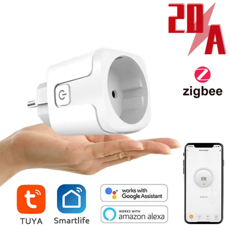 

1-5pcs Tuya ZigBee Smart Plug 20A EU FR Plug Wireless Remote Smart Timer Plug Voice Control Home Fire Retardant PC Smart Socket