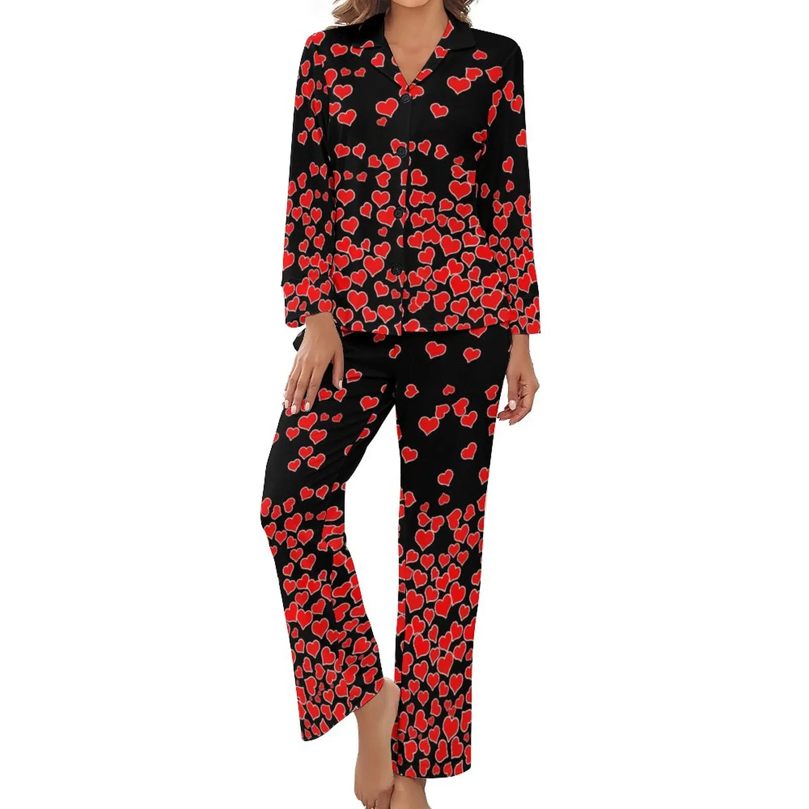

Falling Heart Pajamas Female Red Hearts Fall In Love Valentine Warm Sleepwear Long Sleeve Two Piece Casual V Neck Pajama Sets