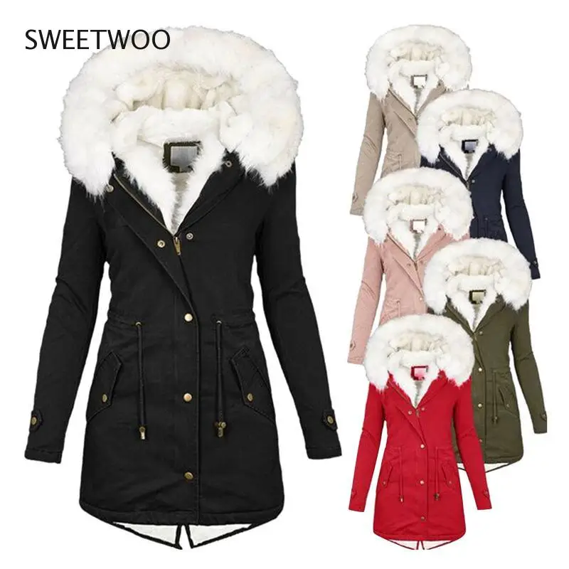 Winter Jacket Women 2021 White Fur Collar Fleece Mid-Length Cotton Hooded Warm Velvet Solid Color Fashion Coat Woman Jacket Tide