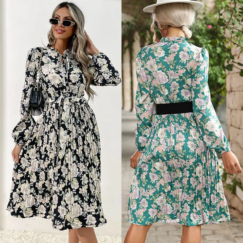 

RMZM Retro Ruffle Sleeve Pleated Skirt Lace Print Dress Drawstring Temperament Commuter Women's Clothing Floral Dress