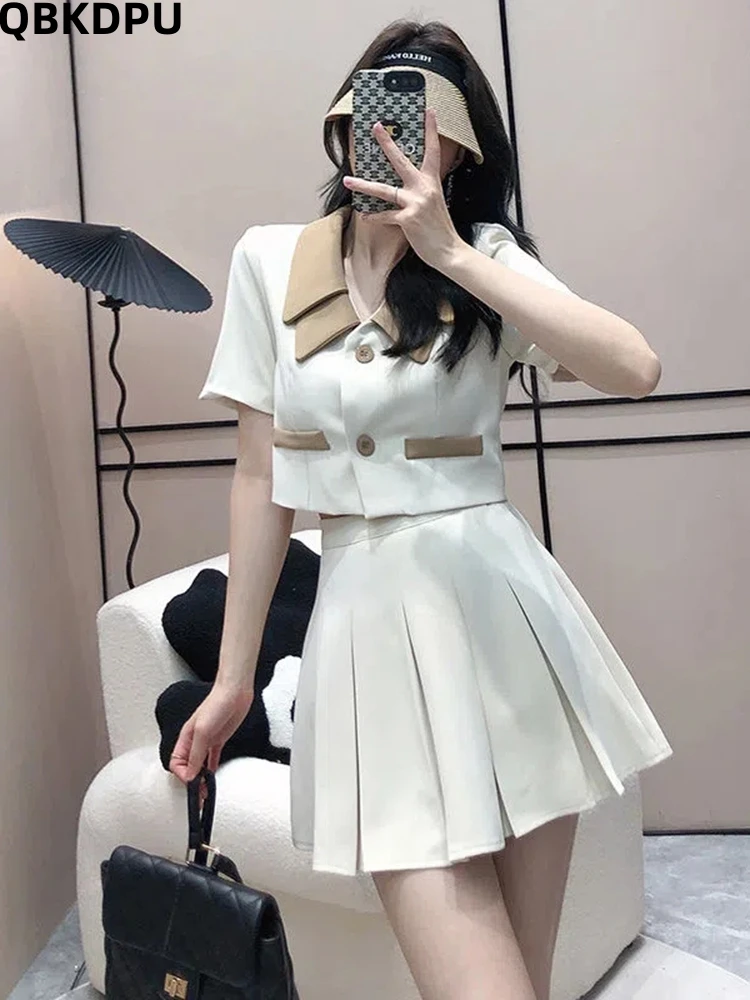 

Y2k Sexy Short 2 Piece Sets Women Cropped Suit Tops Outfit A-line Pleated Skirt Conjuntos Cortos Korean Slim Ensembles New Suits