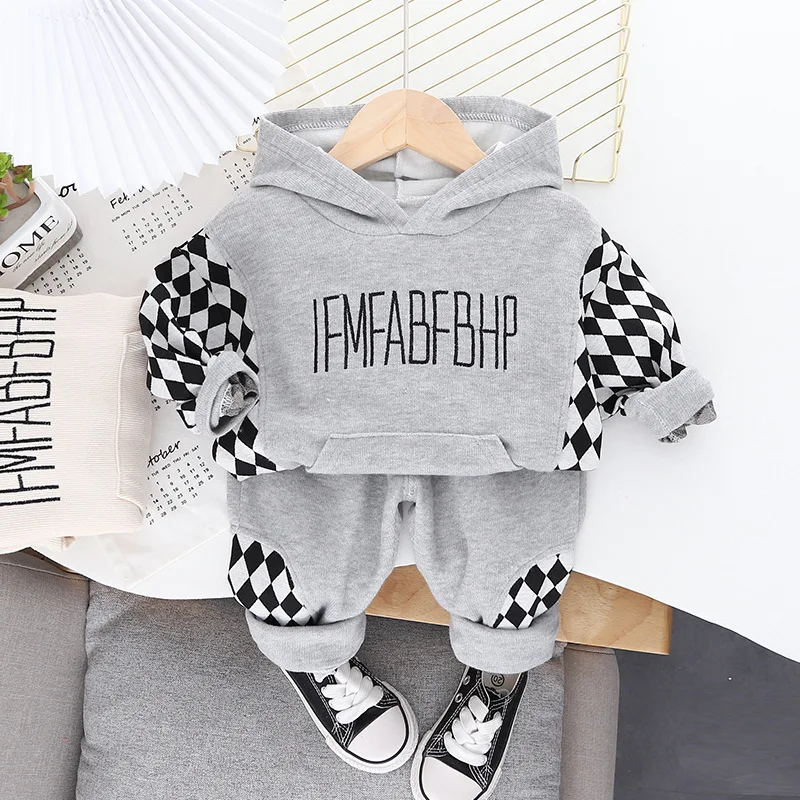 

Baby Boys Girls Clothes Sets Children Infant Fashion Plaid Letter Splicing Tracksuit New Spring Autumn Toddler Hoodie Top+ Pants