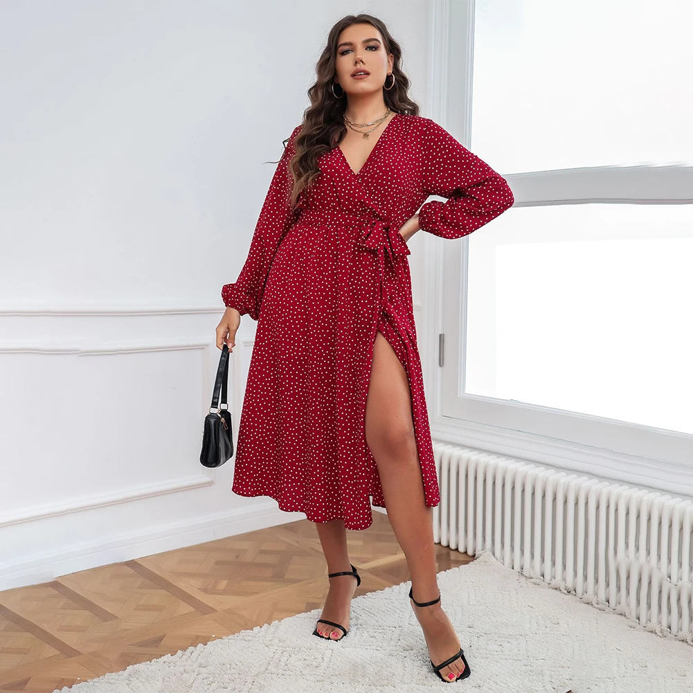 

Plus Size Women Casual Short Sleeve O Neck Dress Elegant Polka Dots Literary Red Wave Point Large Size Dresses XL-3XL 4XL