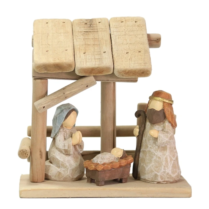 

594C Christ Nativity Resin Statue House Set Church Decorative Ornament Supplies for Home Church Desktop Decoration Gift