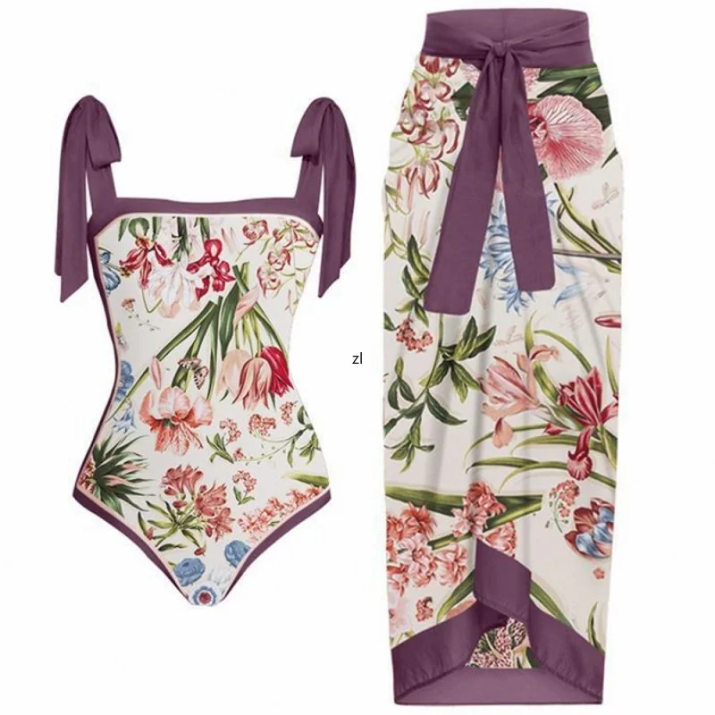 

2 Piece Bikini Set Women Outfit Gathered Open Back Swimsuit Suit Chiffon Print Sunscreen Beach Skirt Slim Sexy Suit 2023 Spring