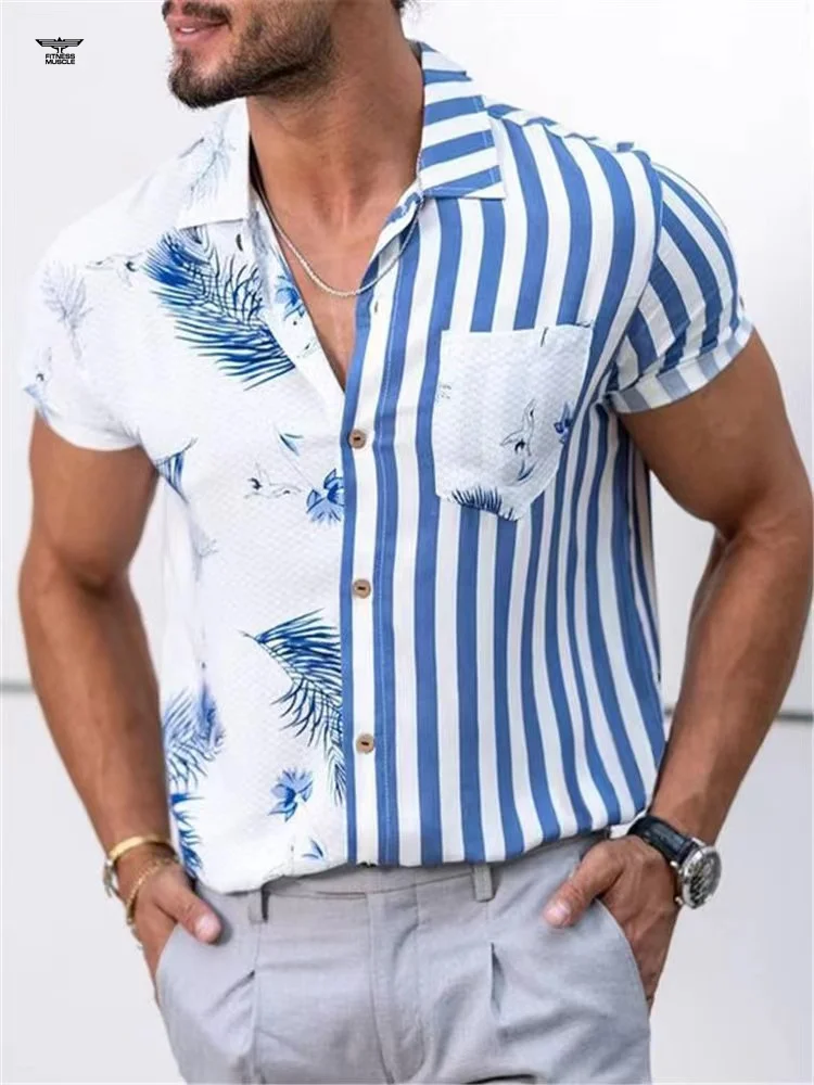 Summer new trend men's striped print stitching casual short-sleeved shirt travel vacation beach men's shirt top