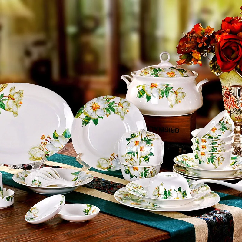 

Jingdezhen Ceramic tableware 56 head bone china tableware set wild lily bowl plate ceramic tableware gift wholesale