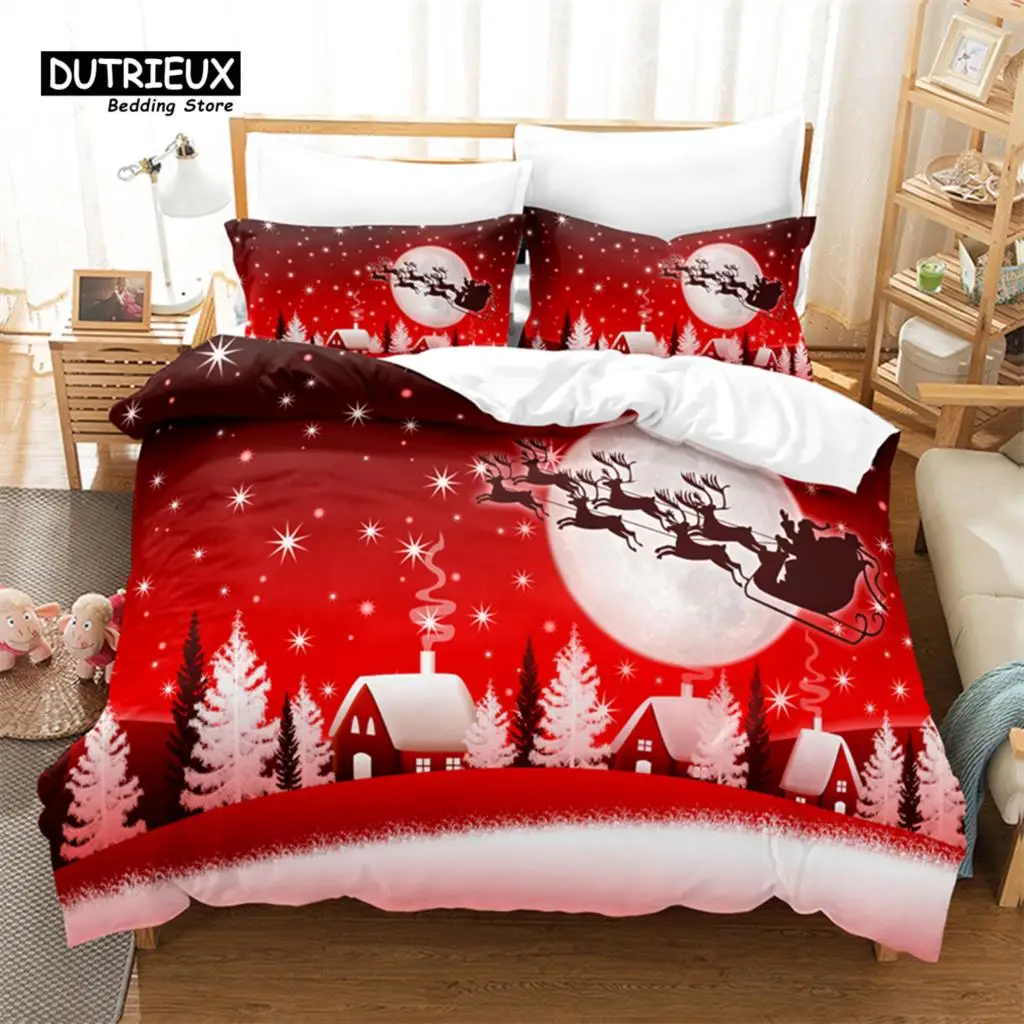 

3D Christmas Sleigh Bedding Set, Duvet Cover Set, Digital Printing, Bed Linen, Queen Size, Fashion Design