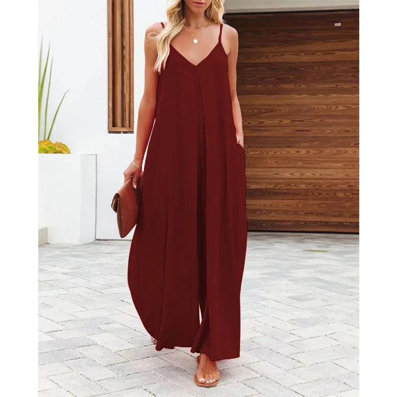 Women's New Solid V-Neck Strap Large Loose Wide Leg Jumpsuit Summer Fashion Casual One Piece Clothing