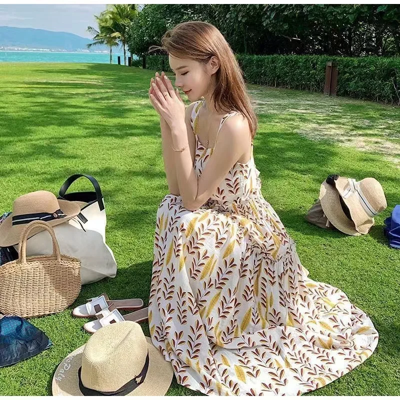 

Summer beach bohemian dress women's small fresh shoulder strap open back floral sleeveless mid-length waist drawstring dress