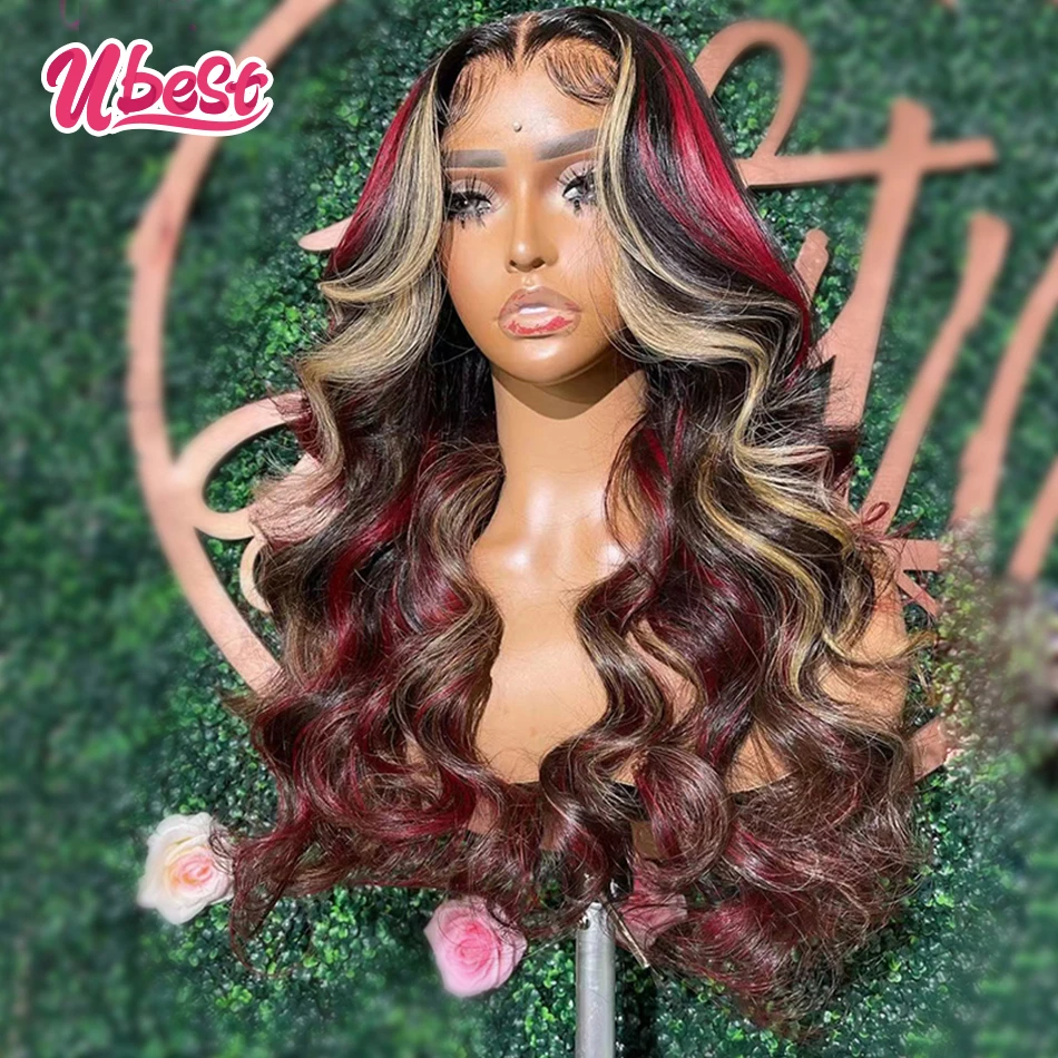 Body Wave Lace Front Human Hair Wig Red Blonde HD 13X6 Transparent Lace Frontal Wig PrePlucked Highlights Colored Wig For Women