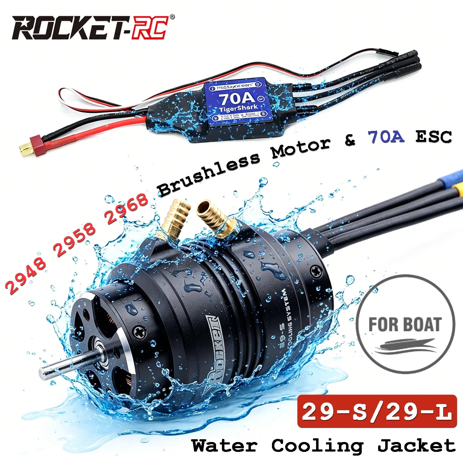 Фото Комплект UniFlyROCKET-RC: Бесщеточный двигатель 2948/2958/2968 и ESC 70A с водяным охлаждением (29-S/29-L) для радиоуправляемых лодок Traxxas 600-800 мм №2