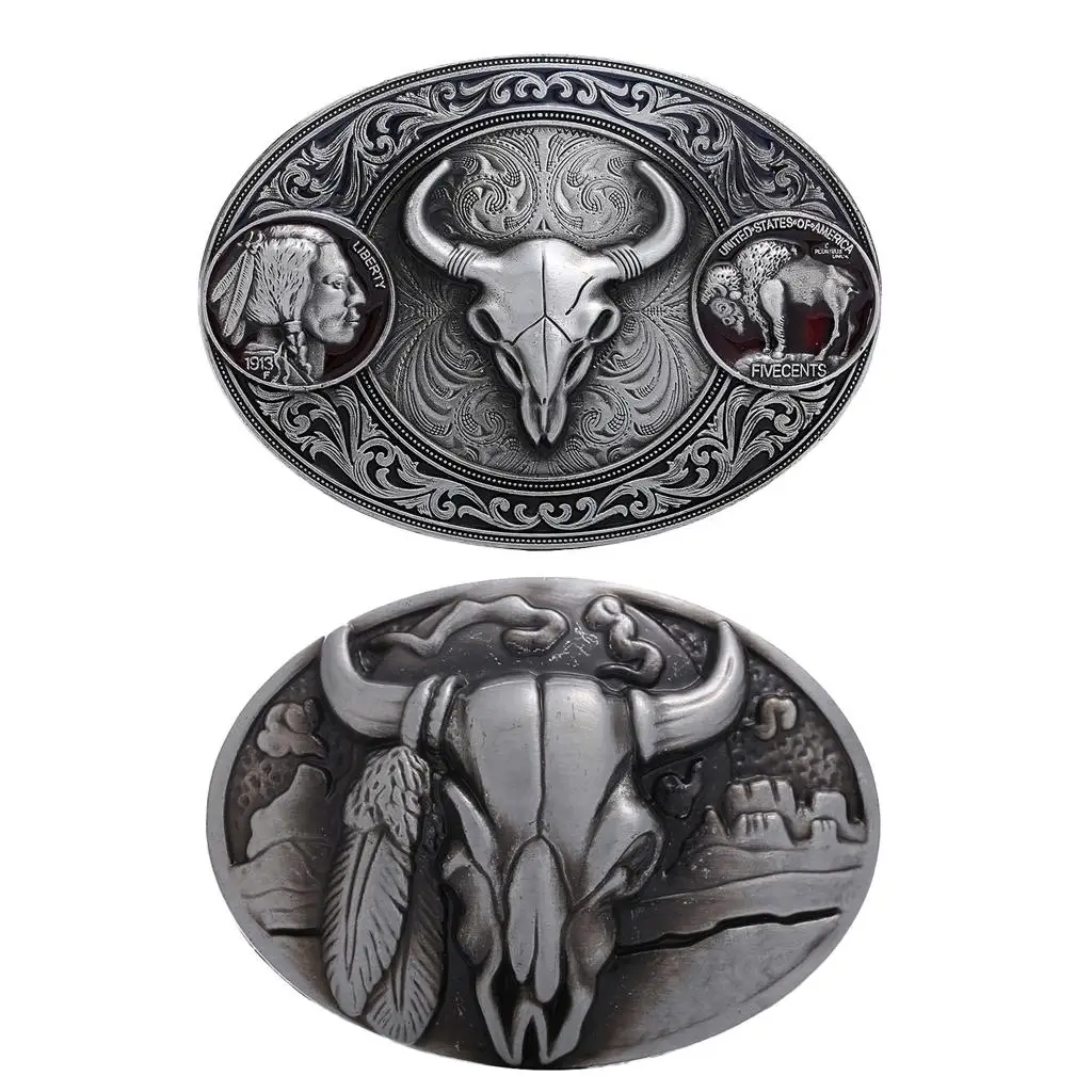 

Vintage Style Bull Heads Carving Belt Buckle Western Cowboy