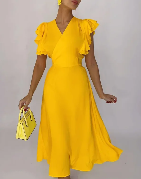 

Женское платье с V-образным вырезом, однотонное Повседневное платье средней длины с короткими рукавами, оборками и высокой талией, лето 2022