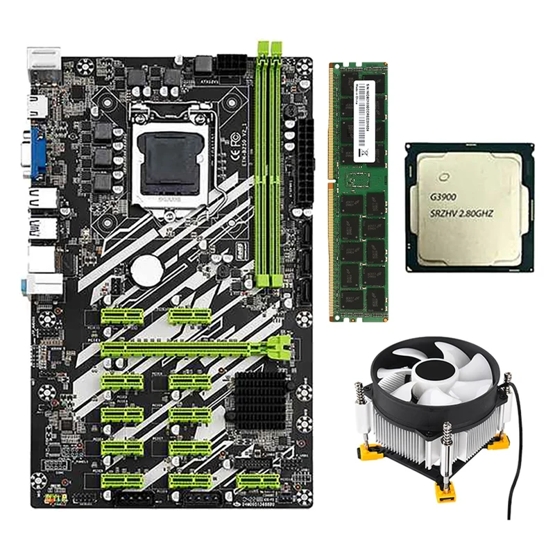 B250 BTC Mining Motherboard With G3900/G3930 CPU+8G DDR4 RAM+Cooling Fan 12 PCI-E Slots LGA1151 DDR4 RAM SATA3.0 USB3.0