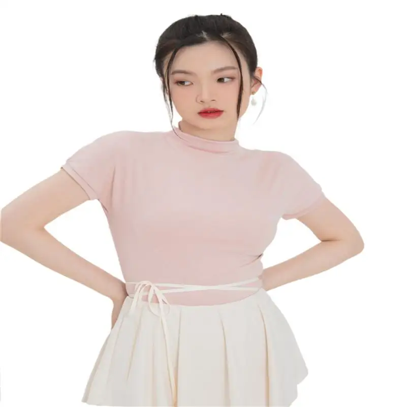 

Summer New Knitted Cotton Inverted Turtleneck Crop Tops Skinny Raglan Short Sleeve Thin Breathable Basics For Women Pink Shirts