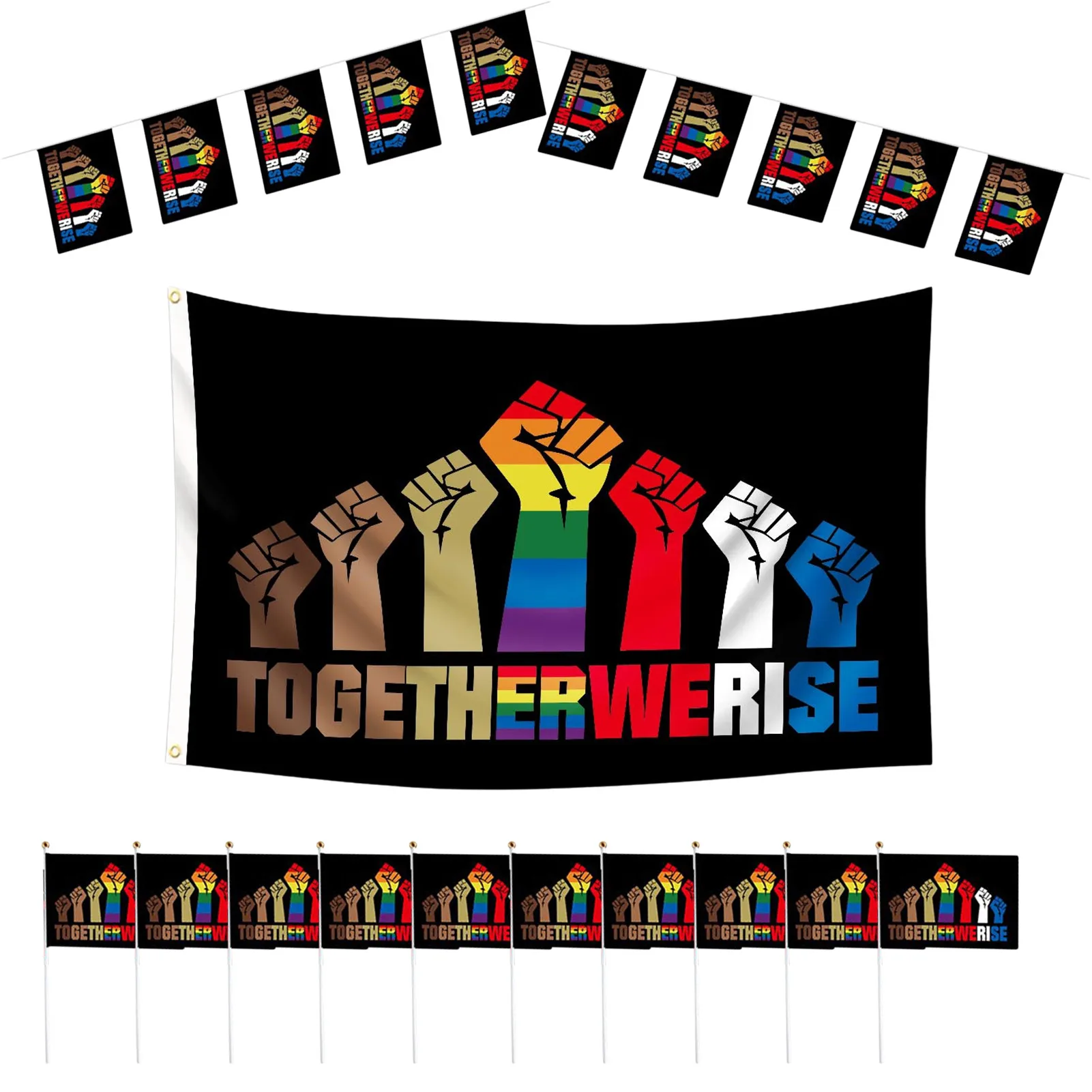 

12Pcs Pride Flag Set Gay Pride Flag Set With 3x5ft Large Flag 9.84ft Rainbow Banners And 15 Small Handheld Stick Flags TOGETHER