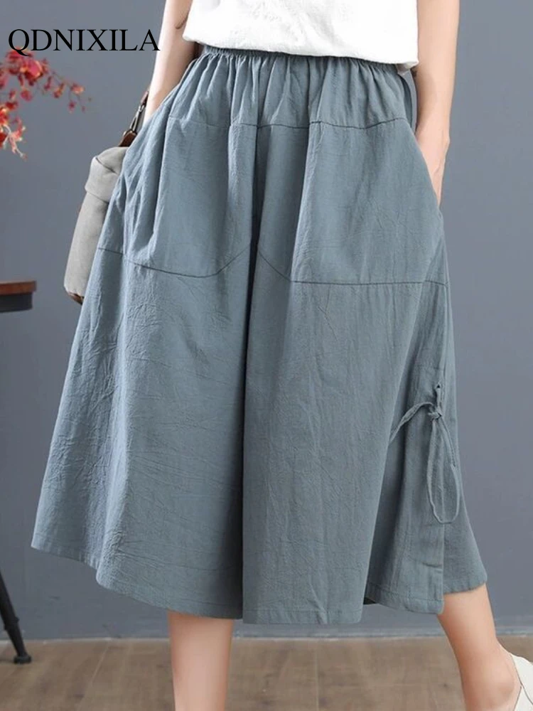 2023 Summer Cotton Linen Oversized Loose Women's Pants Bloomers Wide-leg Pants Flares Elastic Waist Ladies Cropped Skirt Pants