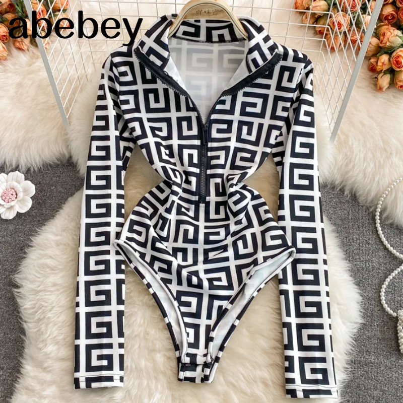 

Women Design Geometric Rompers Stand Collar Long Sleeve Slim Jumpsuits 2022 Summer Retro Fashion Streetwear Bodysuit