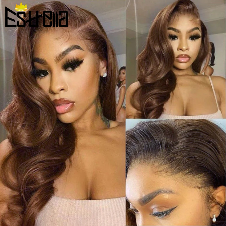 4# Chocolate Brown Human Hair Wigs Body Wave 4x4 Lace Closure Wigs Peruvian Remy Hair Lace Wig For Women Pre Plucked