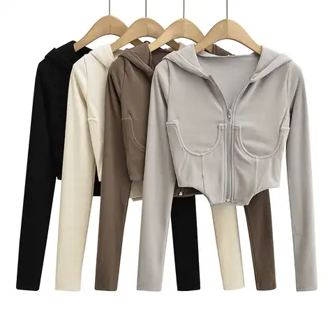2022 Fall fashion cropped hoodies women zip up hoodie korean fashion sweatshirts hooded cute sexy corset top sexy curve hem