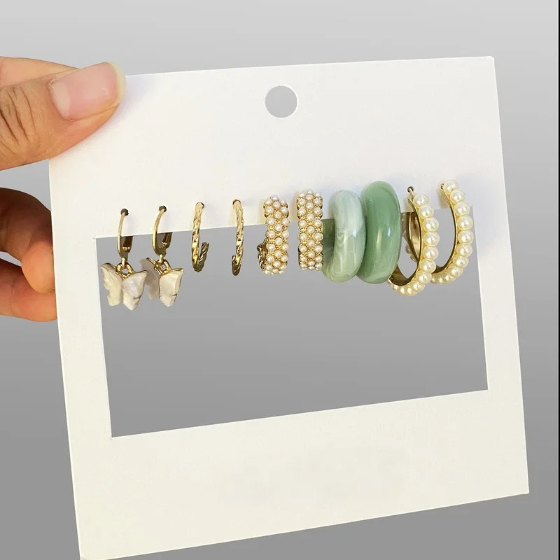 

5pairs/set Fashion New Acrylic Butterfly Pendant Earring Sets Creative Simple Inlaid Pearl Party Earrings for Women Jewelry