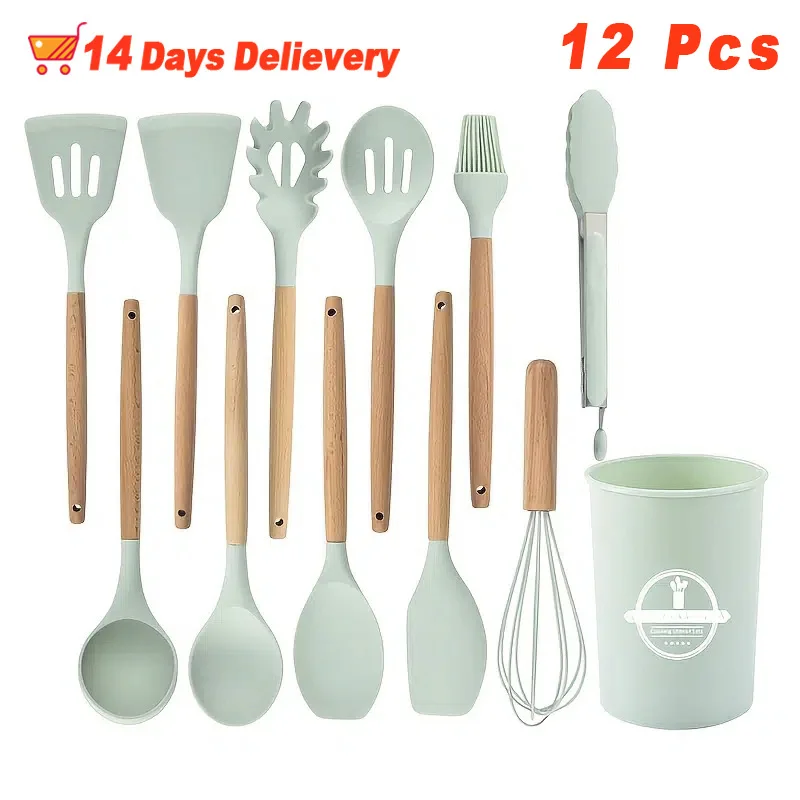 

Cooking Set of 12 Silicone Kitchen Utensil Cooking Shovel Wooden Handle Cooking Pieces Non-Stick Cookware Kitchen Accessories