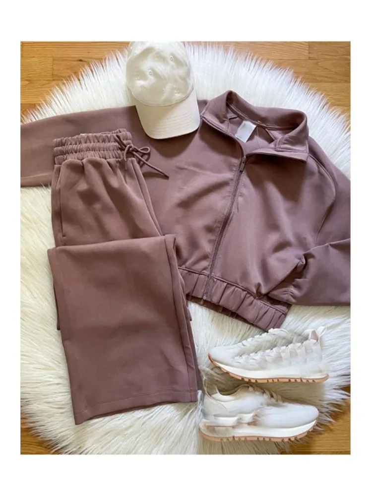 Модная повседневная однотонная куртка брючный костюм женская на молнии длинные