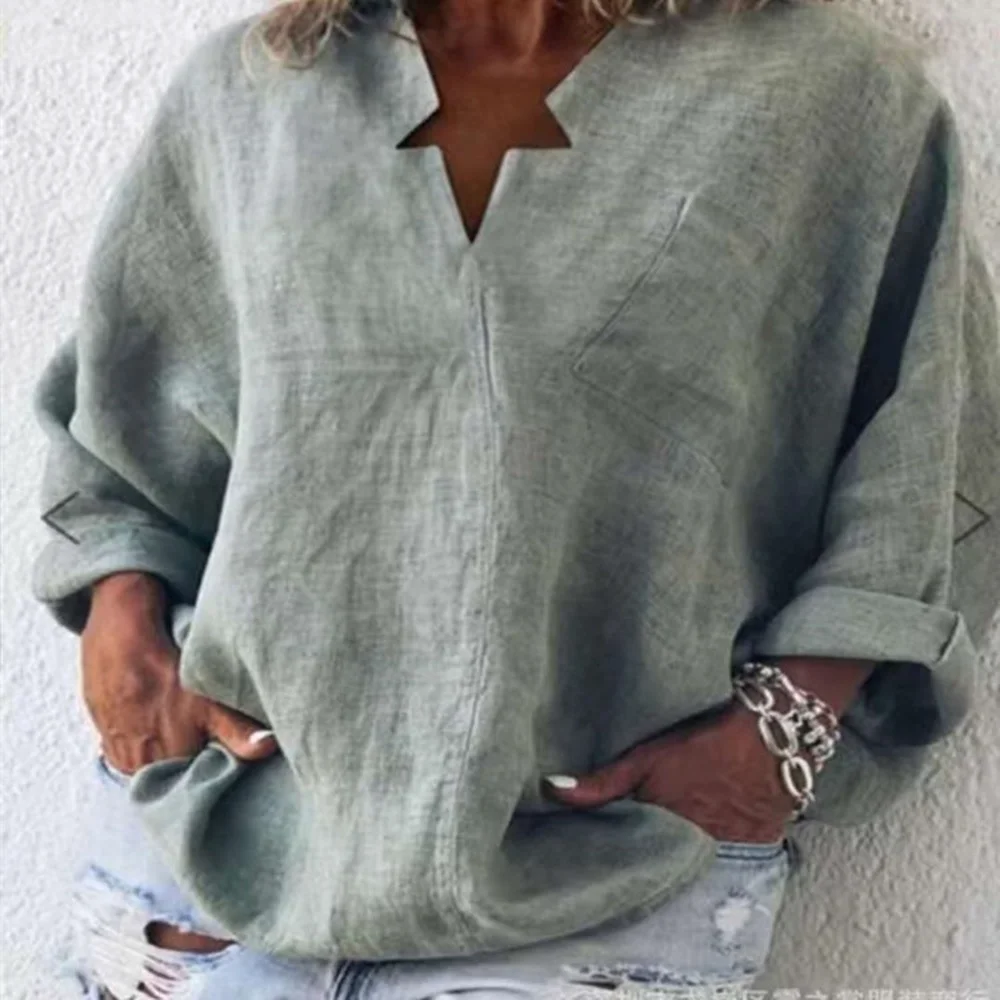 Fashion Women's Blouse Cotton Linen Spring Casual V-neck Pullover Pure Color Mid-length Plus Size Long-sleeved Blouse Donsignet enlarge