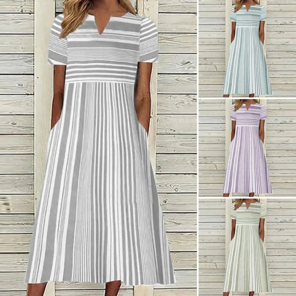

V-Neck A-Line Short Sleeve Side Pockets Summer Dress Striped Print Large Hem Women Midi Dress Female Clothing