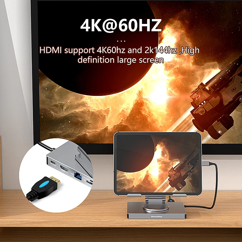 Фото Подставка-концентратор 9 в 1 для iPad Pro USB C для M4/M2/Air 13/12,9/11 дюймов, 4K HDMI, Ethernet, SD/TF-считыватель, 3xUSB 3.0, складная док-станция №3
