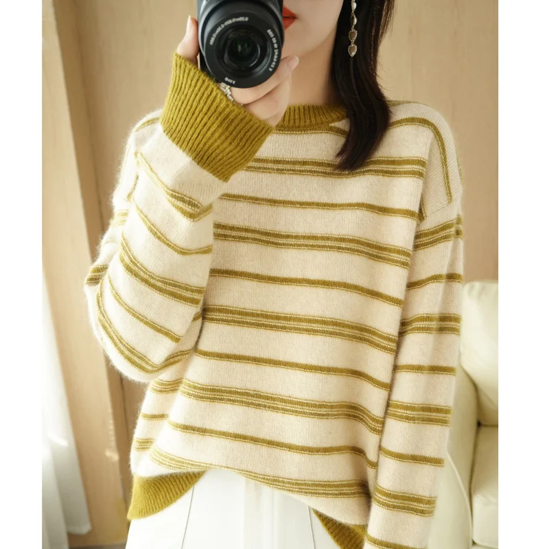 

#3876 полосатый свитер, женские пуловеры, Зимний вязаный свитер с круглым вырезом, корейская мода, вязаные свитера, женские свободные осенне-зимние свитера
