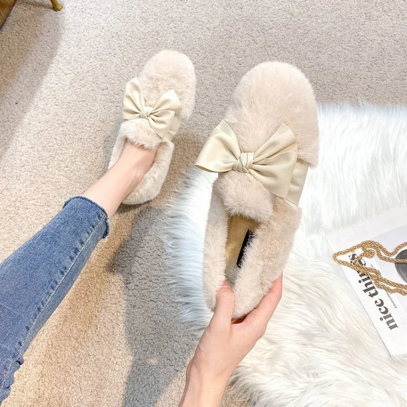Plush Shoes, Beanie Shoes, Women's Winter Plus Velvet Shoes, Rabbit Hair Shoes, Cotton Shoes, Flat Shoes,  2022 New Winter