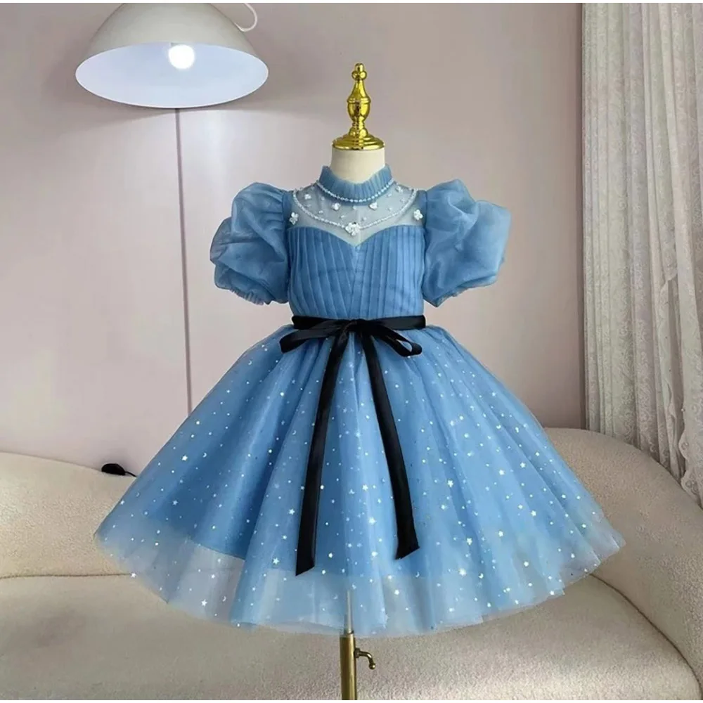 

Kids Girls Prom Dress Summer Puff Sleeve Sequined Princess Dresses Glitter Blue Star Dots Bow Girl Ball Gown for Party Birthday