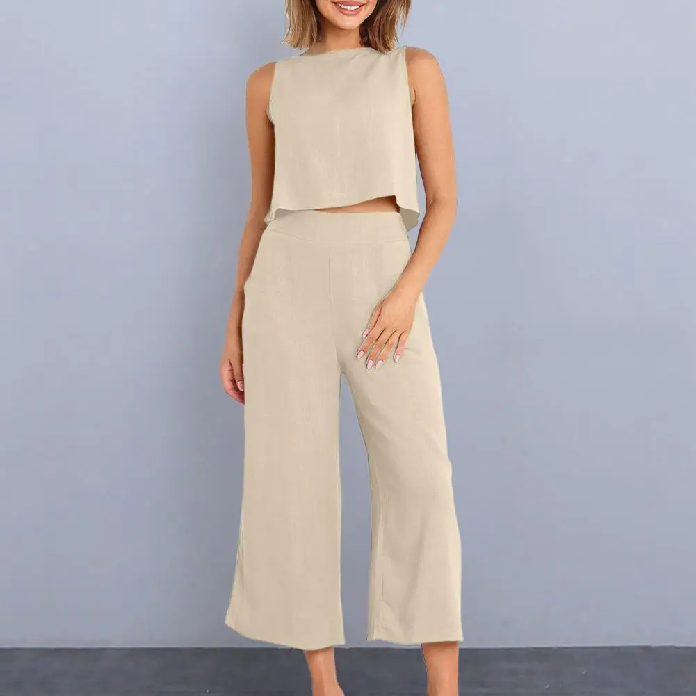 

Loose Fit Round Neck Vest Pants Set Stylish Women's 2-piece Set Sleeveless Cropped Tops Wide Leg Pants for A Loose Fit Casual