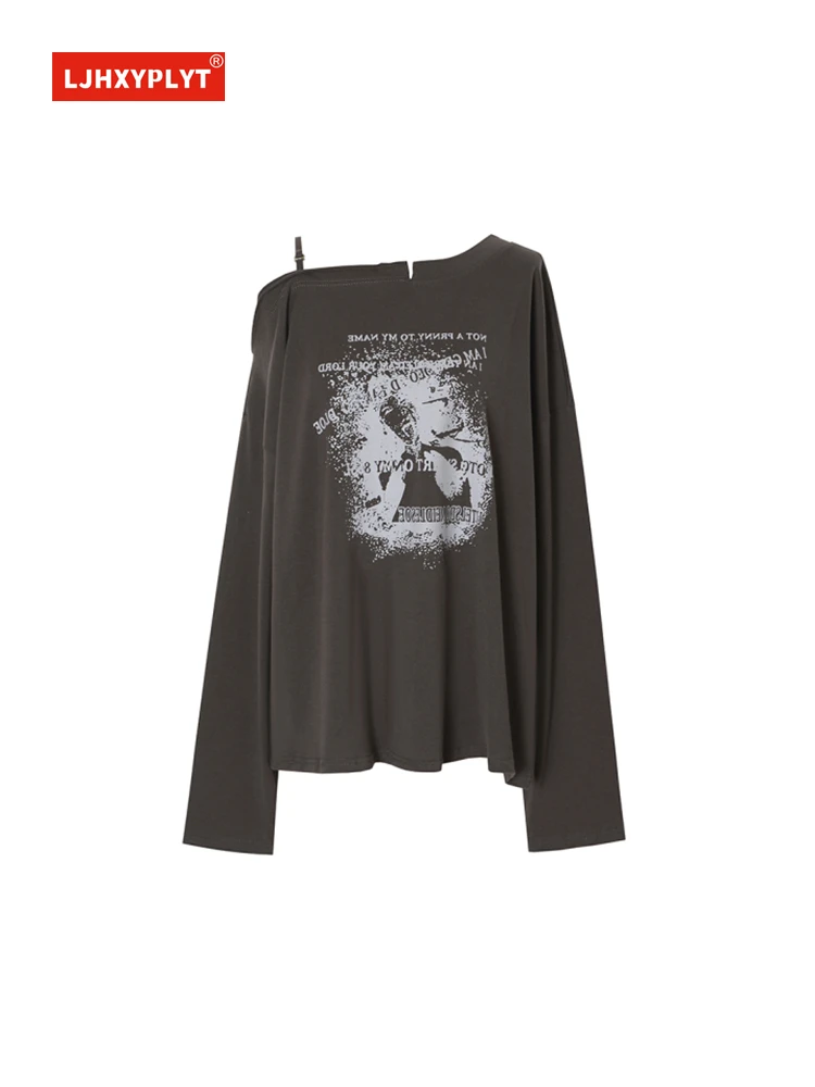 

Off-the-shoulder Sling Print Long-sleeved T-shirt Women's Spring New American Street Style Irregular Loose Pullover Top Female