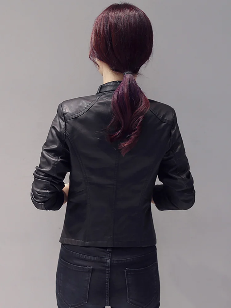 New Women Stand Collar Biker Jacket Spring Autumn Casual Zipper Short Slim Sheepskin Jacket Fashion Moto Outerwear Split Leather