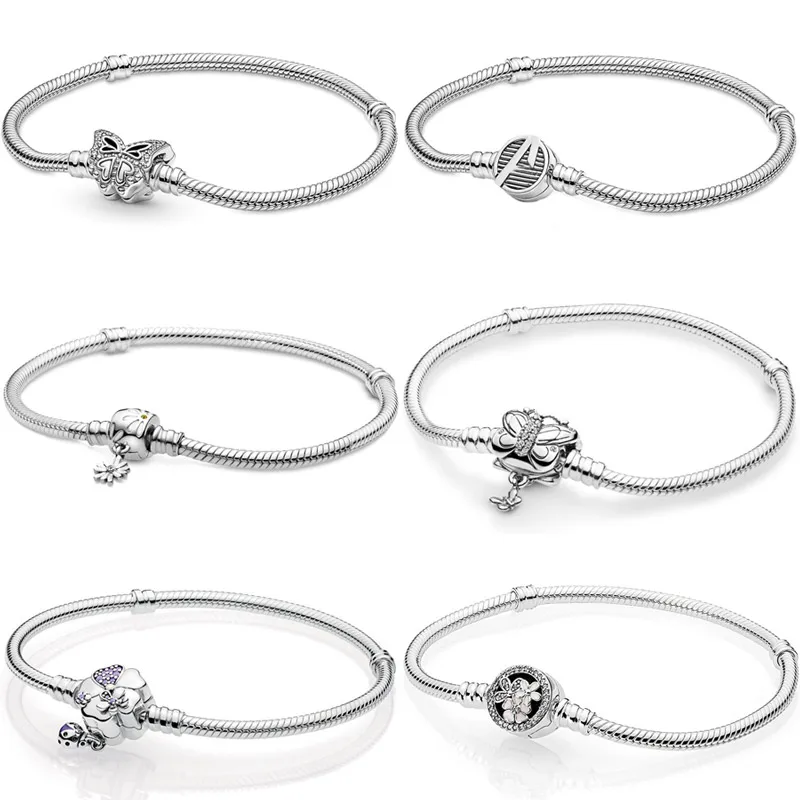 

Original Moments Butterfly Daisy Flower Clasp Snake Chain Bracelet Fit pandora 925 Sterling Silver Bangle Bead Charm Diy Jewelry