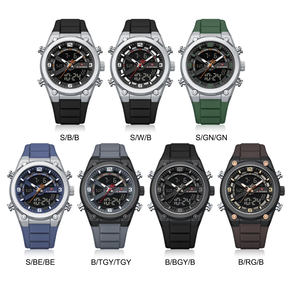 Фото NAVIFORCE Новые 2026 Роскошные спортивные часы с двойным дисплеем для мужчин, водонепроницаемые, цифровые, кварцевые, с датой, мужские наручные часы Reloj Hombre №4